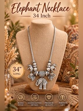 Boho Silver Elephant Necklace - 34" Handcrafted Statement Pendant